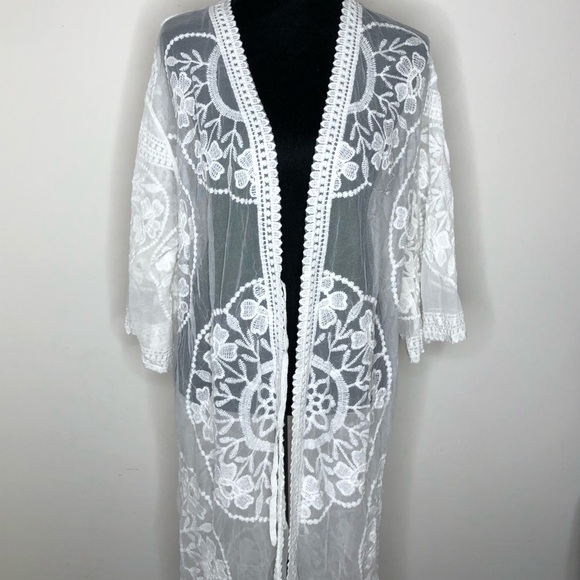 Lace mesh embroidered boho kimono NWT large white - Picture 4 of 6